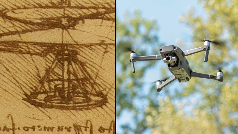 sketch of "aerial screw" by Leonardo da Vinci on the left, and photo of a modern drone flying on the right.