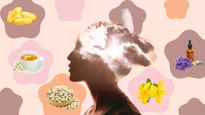 Side profile of a young woman, overlayed with a photograph of the Sun breaking through clouds. This is surrounded by images of various natural antidepressants, including lotus seeds, lavender oil, chamomile tea, omega-3 capsules, St John’s wort, and a probiotic drink.