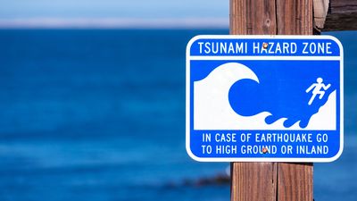 A sign indicating its a tsunami warning zone