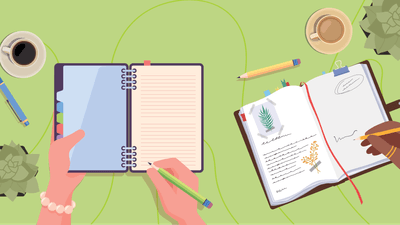 Point of view looking down on a couple of open notebooks with hands holding pens ready to start journaling 