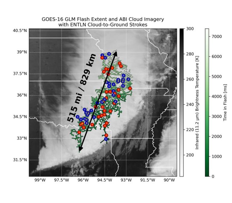Satellite image showing the record-breaking strike stretching from eastern Texas to near Kansa City, MO during a storm on October 22, 2017. 