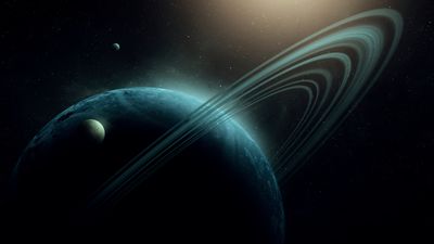 artist impression of a dark saturn like planet with a moon and rings