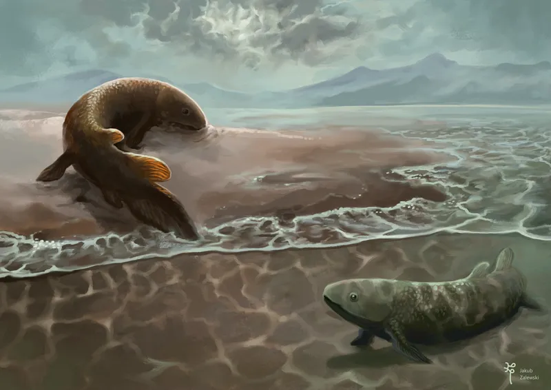 An early explorer of the land Reptanichnus acutori watched cautiously by Broomichnium ujazdensis still sticking to the water.