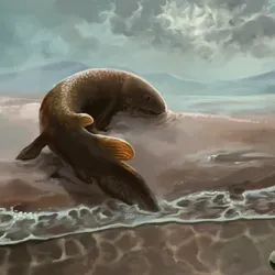 An early explorer of the land Reptanichnus acutori watched cautiously by Broomichnium ujazdensis still sticking to the water.