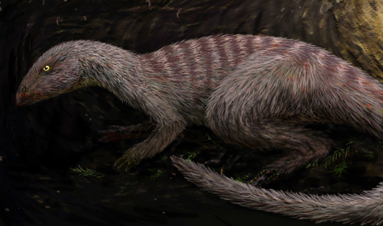 Life restoration of Oryctodromeus inside a burrow.