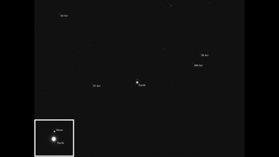 Earth and moon are small dots of lights among three stars in the aries constellation.