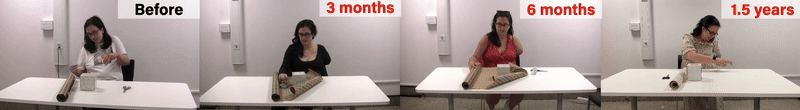 gif of four images of a white woman with dark hair; from left to right she is photographed before, and then 3 months, 6 months, and 1.5 years after left arm amputation above the elbow, while she completes a task involving wrapping a box in brown paper.