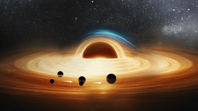 a large black hole is in the center with a wide accretion disk. Two smaller black holes are in the disk in three sequential position showing them getting closer and eventually merging.