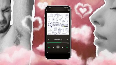 Episode 12 of We Have Questions playing on a smartphone, in the background is an image of a man wincing at the smell of his armpit and on the opposite side is an image of a woman sniffing the air
