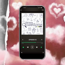 Episode 12 of We Have Questions playing on a smartphone, in the background is an image of a man wincing at the smell of his armpit and on the opposite side is an image of a woman sniffing the air