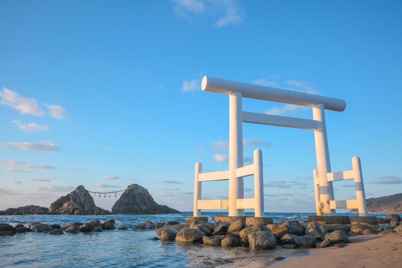 A torri near Sakurai Futamigaura's Couple Stones in Itoshima, Fukuoka, Japan.
