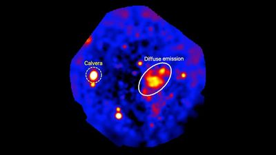 The pixelated map show the two sources. the pulsar is bright and mostly circular, away from it there is a blob that looks cooler, that is the supernova remnant.