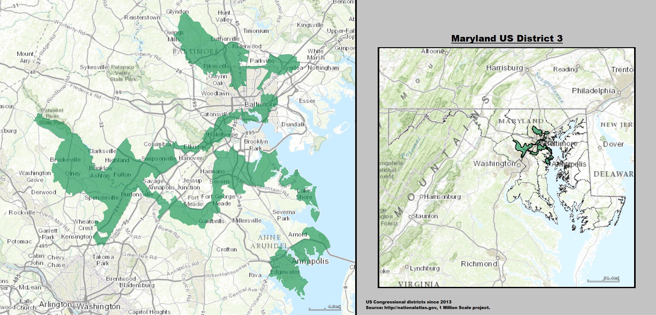 Boundaries for Maryland’s 3rd United States federal congressional district (since 2013).