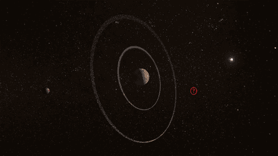 Artist impression of Quaoar, its moon Weywot and the newly discovered rings with the Sun in the far far distance. A red circle with a question mark is located outside the outer rings.