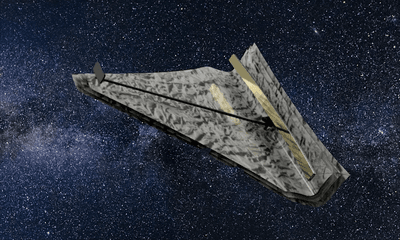 the telescope main mirror is long and thing and its secondary is located at the end on a triangular shaped heat shield.