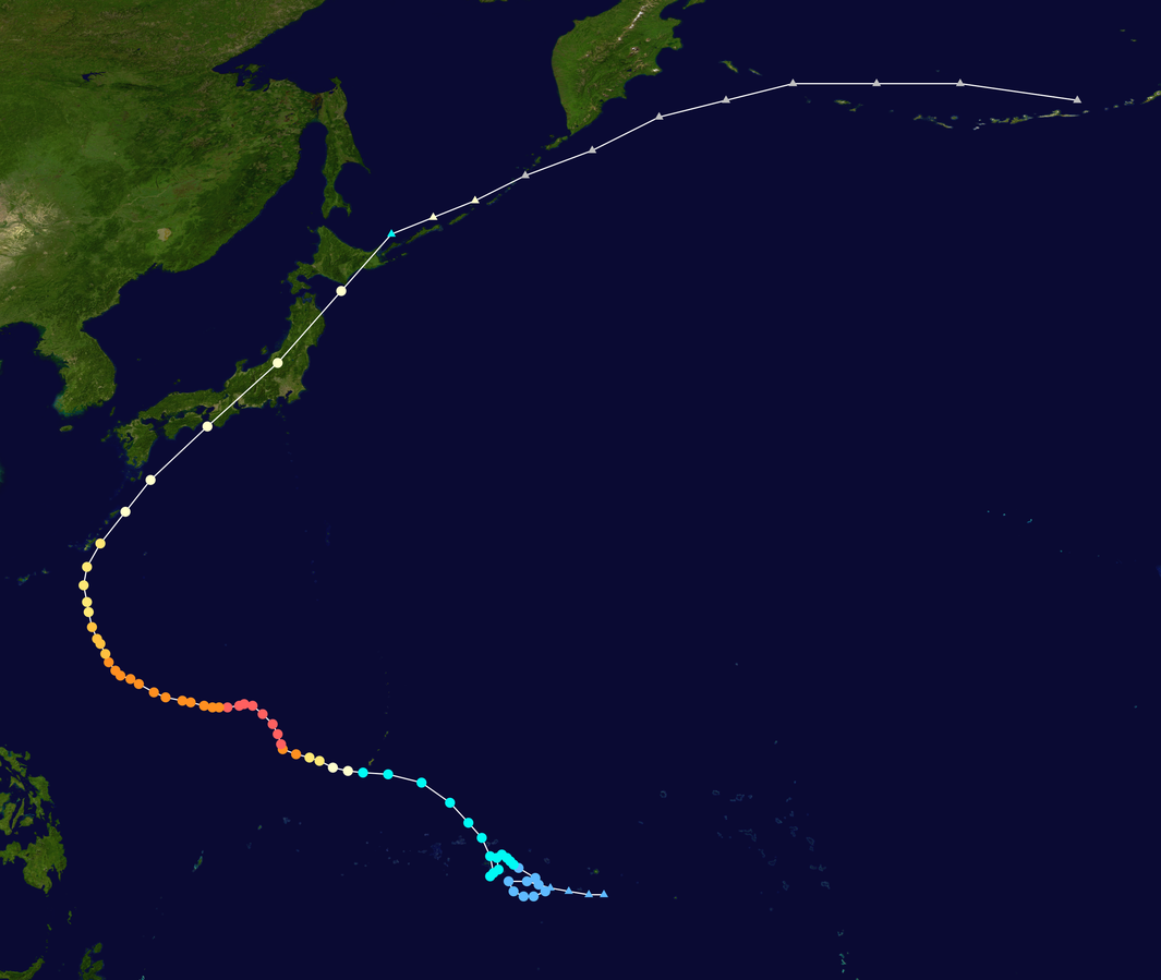 Map of Typhoon Tip's path, showing the location of the storm at 6-hour intervals.