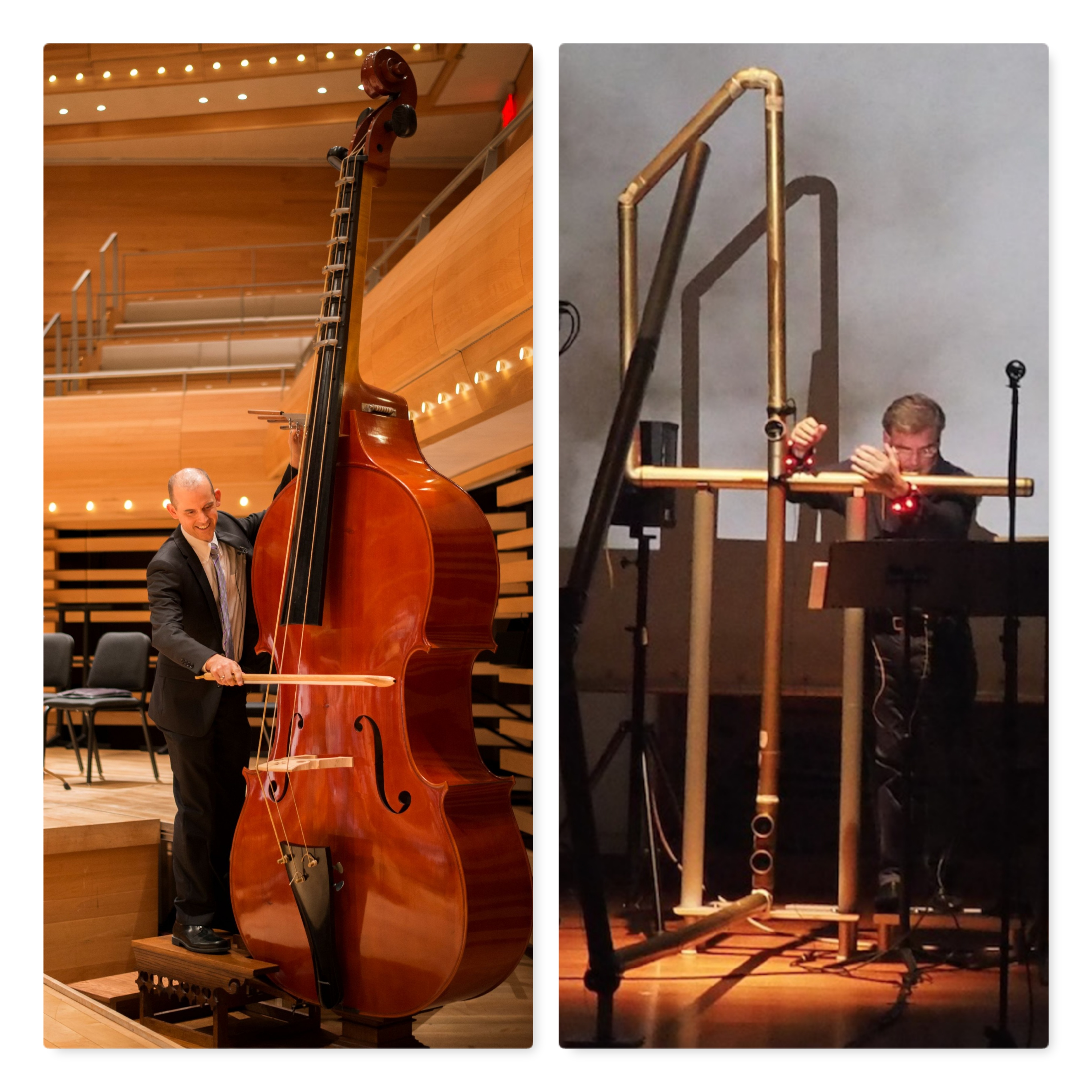 An octobass (left) and hyperbass flute (right), two very extremely large instruments