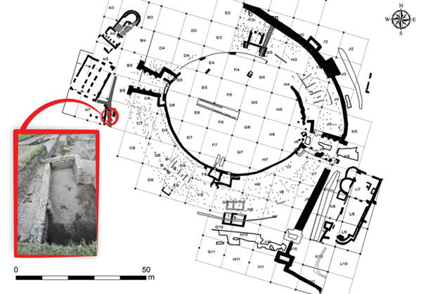 The layout of the amphitheatre at Viminacium with the site where the animal fossils were found marked.
