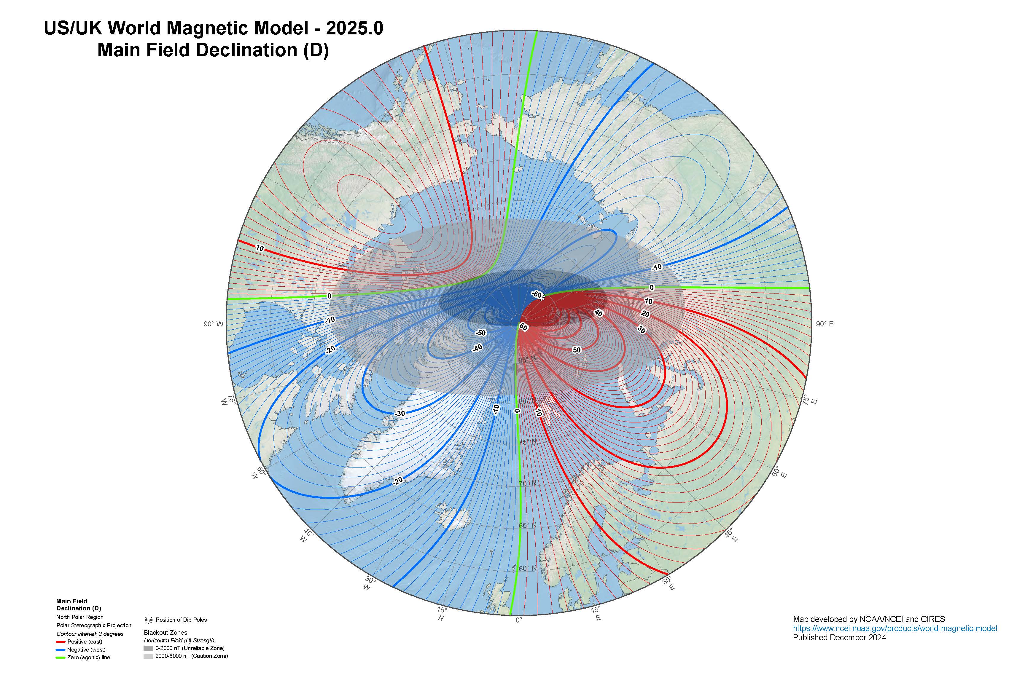 World Magnetic Model 2025: A map of magnetic field lines over the Arctic, with the blackout zone marked in grey.