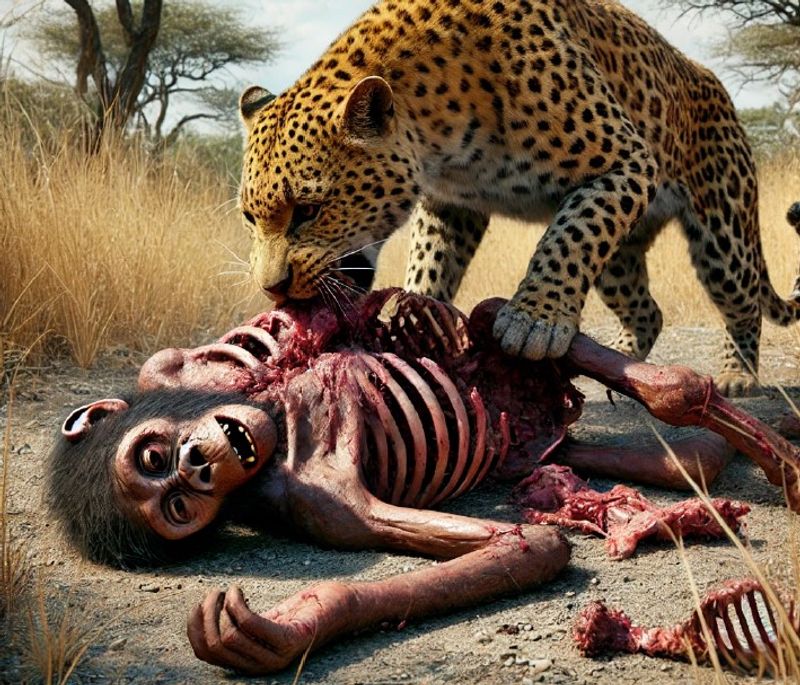 AI-generated image of Homo habilis being attacked by a leopard.