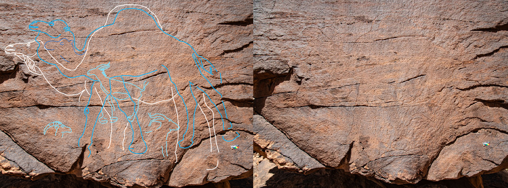 Rock art with blue lines added to highlight the etchings (left) and the original image of the rock face as it appear today (right).