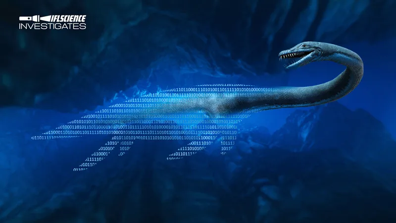 An illustration of a plesiosaur but its body has been broken up into 0s an 1s to suggest it is being digitally created.