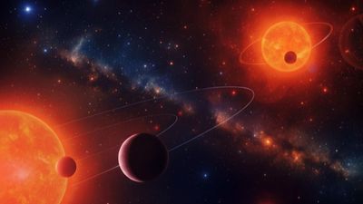 the image shows two big red stars. one is orbited by two planets and it is in the foregroun and the other is orbited by one.