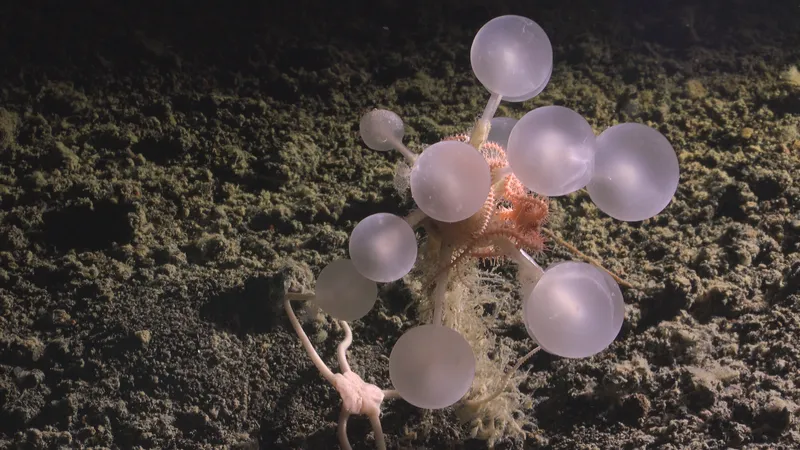 A pinkish thing, with lots of spheres attached to its body and also red arms.