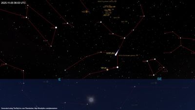 A 3D render of the sky at dawn of wednesday november 5 showing the position of comet 3I, venus and Virgo