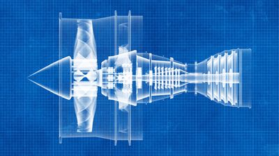 An old fashioned blueprint style background showing the cross section of a plane engine. It's represented as a white model on the blue background. 