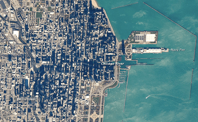 Satellite imagery of Chicago shows where the river meets the city