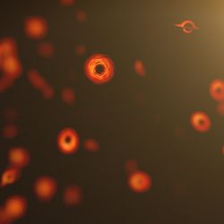 Lots of tiny ornage black holes on a black background 