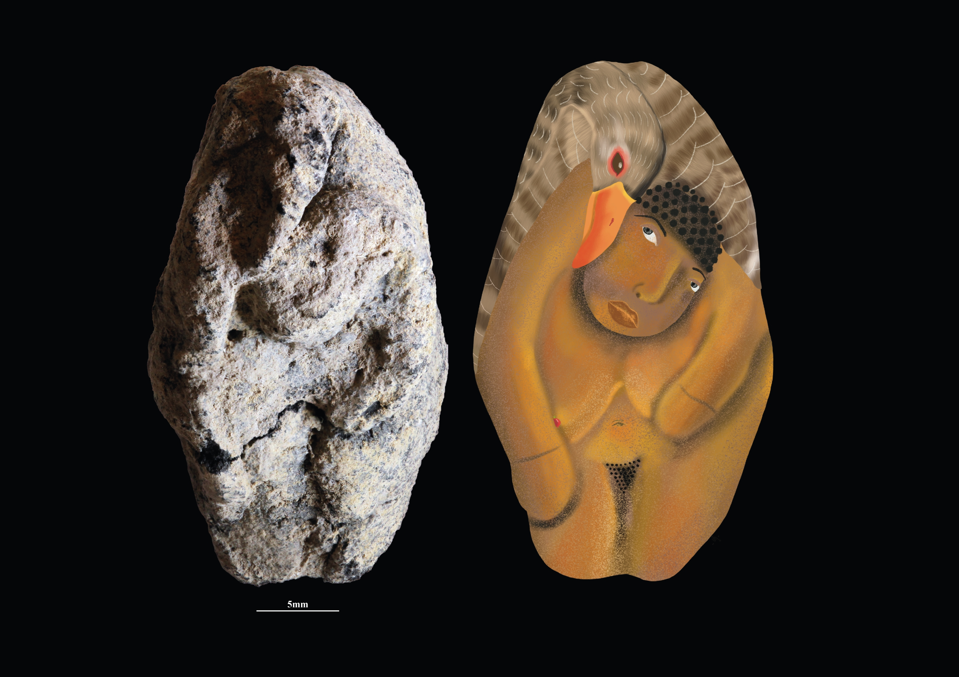 The 12,000-year-old Natufian clay figurine from Nahal Ein Gev II, depicting a woman and a goose. 