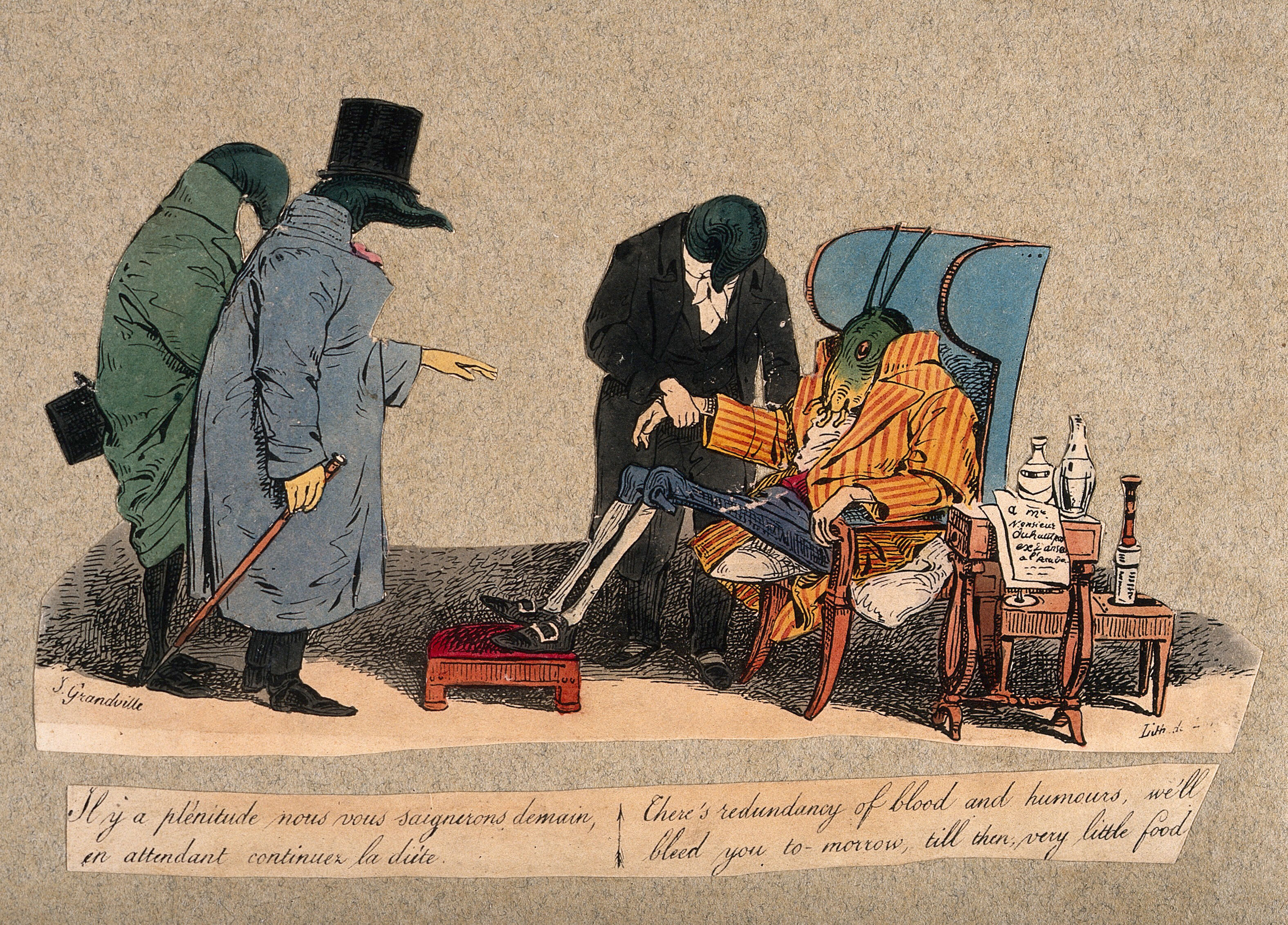 A 18th century colored lithograph showing three leeches dressed as doctors examining a cricket sitting in a wing back chair. One of the leech doctors is checking the pulse of the cricket, while the other two watch on. The leech is saying "There's redundancy of blood and humours, we'll bleed you tomorrow, till then, very little food." A 18th century colored lithograph showing three leeches dressed as doctors examining a cricket sitting in a wing back chair. One of the leech doctors is checking the pulse of the cricket, while the other two watch on. The leech is saying "There's redundancy of blood and humours, we'll bleed you tomorrow, till then, very little food."