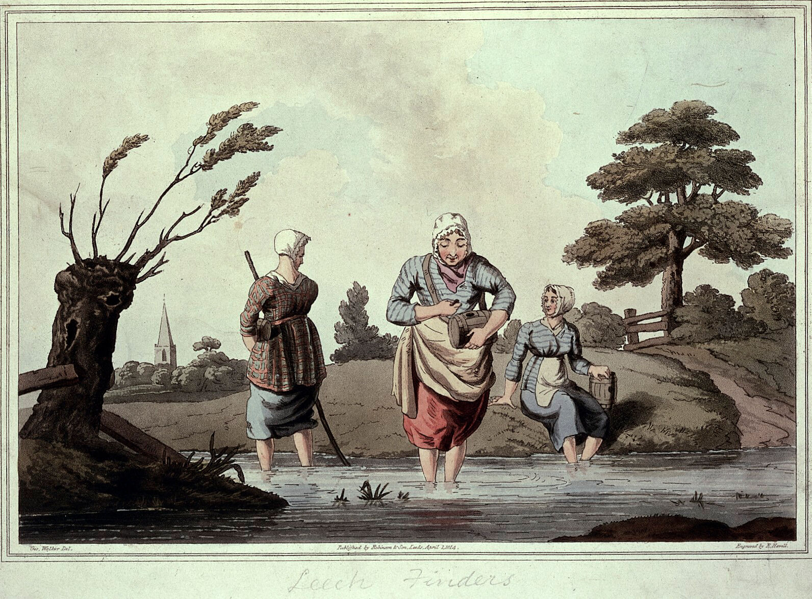 A 19th century lithograph showing three rural women by a stream. One is sitting on the bank with her feet in the water and two others are wading up to their shins in the water. All three women are holding small barrels which they are using to store leeches that attach themselves to their exposed skin. A 19th century lithograph showing three rural women by a stream. One is sitting on the bank with her feet in the water and two others are wading up to their shins in the water. All three women are holding small barrels which they are using to store leeches that attach themselves to their exposed skin.