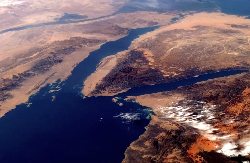 The Gulf of Suez and the Sinai Peninsula, where Asia and Africa stand cheek-to-cheek, imaged from orbit in 2007.