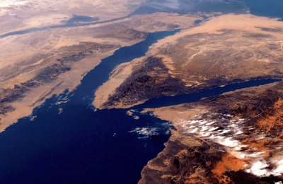 The Gulf of Suez and the Sinai Peninsula, where Asia and Africa stand cheek-to-cheek, imaged from orbit in 2007.