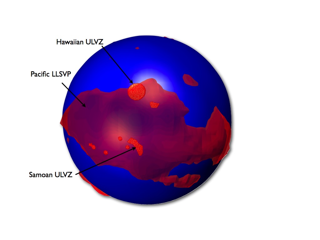 Cartoon of structures on the core of the Earth (blue). The transparent red structure is the Pacific Large Low Shear Velocity Province. The smaller, thinner, red structure are Ultra Low Velocity Zones. Arrows point at the Hawaiian and Samoan Zones, which are the two largest mapped (so far). Cartoon of structures on the core of the Earth (blue). The transparent red structure is the Pacific Large Low Shear Velocity Province. The smaller, thinner, red structure are Ultra Low Velocity Zones. Arrows point at the Hawaiian and Samoan Zones, which are the two largest mapped (so far).