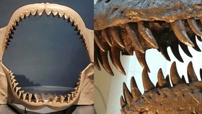 massive teeth of megalodon jaw next to t rex teeth they are huge