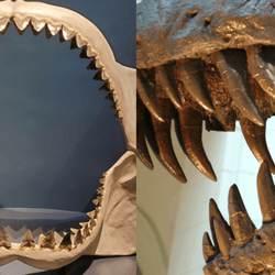massive teeth of megalodon jaw next to t rex teeth they are huge
