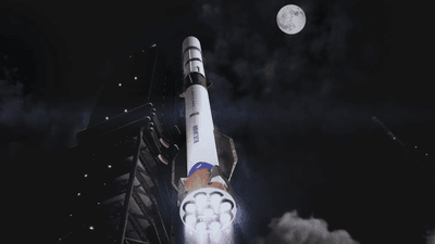 Artist's impression of blue origin new glenn 9x4 configuration flying with a full Moon in the sky.