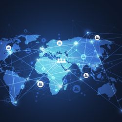 digital map of world in shades of blue with circles containing icons of people linked by lines into a large global network