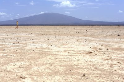 large desert expanse with mountain in the distance and a person walking in the background