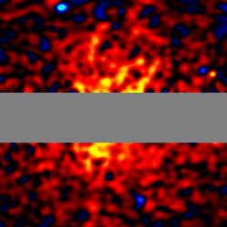 Map of the intensity of gamma-rays within around 100 degrees of the galactic center with the galactic plane blocked out, and components other than the halo excluded.