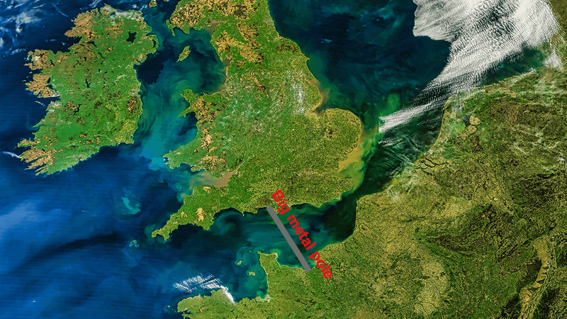 A map of the UK and France, connected by a metal pole.