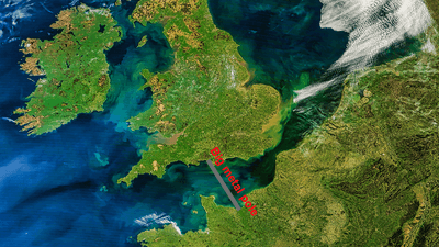 A map of the UK and France, connected by a metal pole.