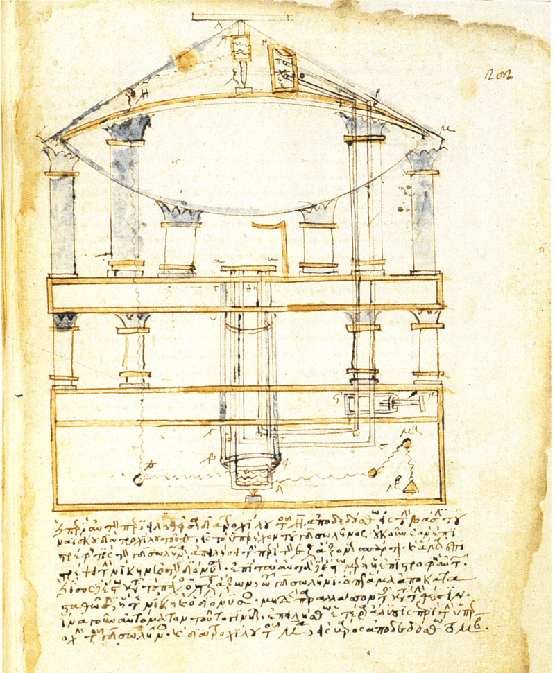 A design for a puppet show of the god Dionysus and his worshipers powered by falling weights and an understanding of physics.