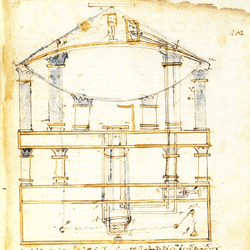 A design for a puppet show of the god Dionysus and his worshipers powered by falling weights and an understanding of physics.