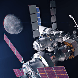 3D rendering of proposed space station orbiting the moon.