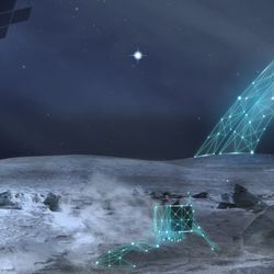 An artist impression of both an orbiter and lander on the surface of Enceladus. 